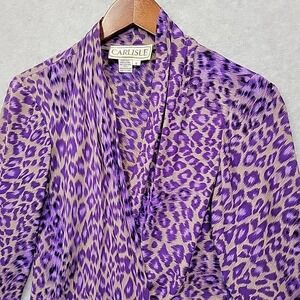 Vintage Carlisle 100% Silk Purple Leopard Wrap Blouse Peplum Statement Top Sz 8